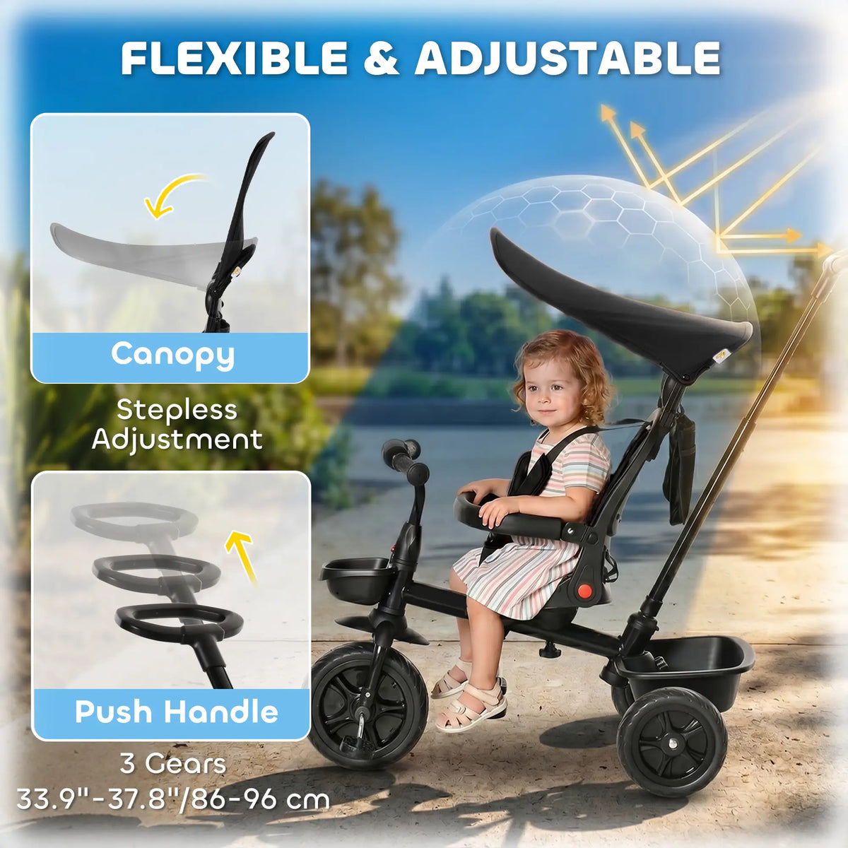 Tricycle 5 en 1 pour enfants de 1 à 5 ans : transforme la poussette en vélo, dossier réglable, capote plate, barre de sécurité et poignée amovibles. Couleur : noir.