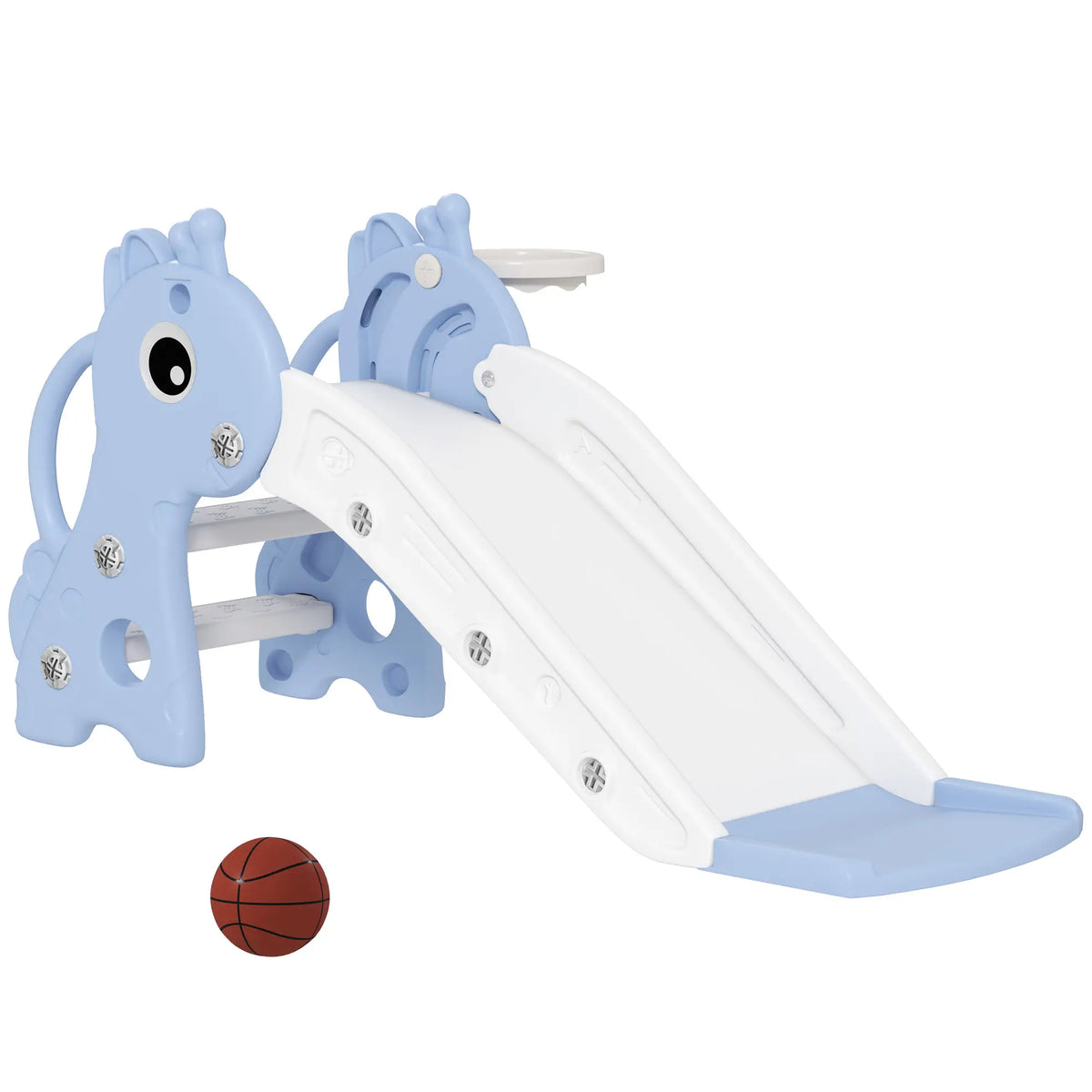 Toboggan 3 en 1 pour enfants de 1 à 3 ans, avec structure d'escalade, panier de basket et ballon, motif girafe, bleu