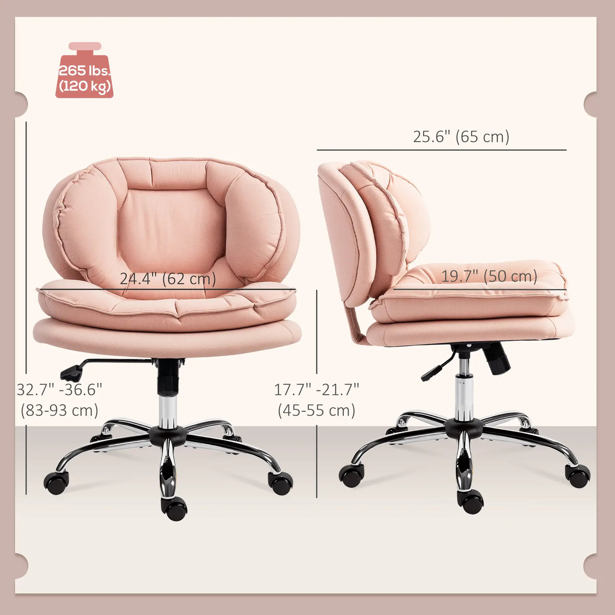 Fauteuil de bureau pivotant, large, avec revêtement en similicuir, inclinable, sans accoudoirs, rose