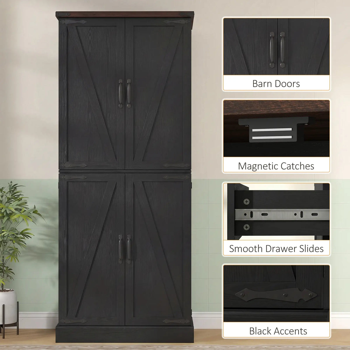 Armoire de cuisine de 183 cm de haut, style ferme, avec 8 portes et étagères réglables, noire