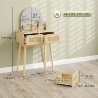 Coiffeuse avec miroir et 2 tiroirs, bois naturel
