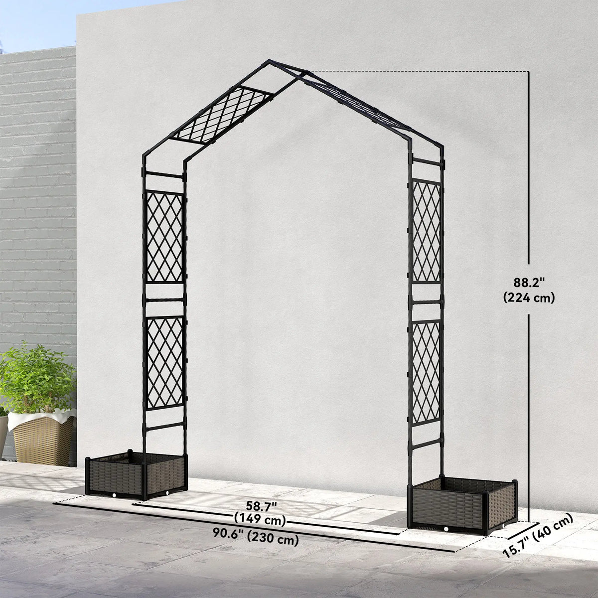 Arche de jardin avec treillis et 2 jardinières, 230 x 40 x 224 cm, noire