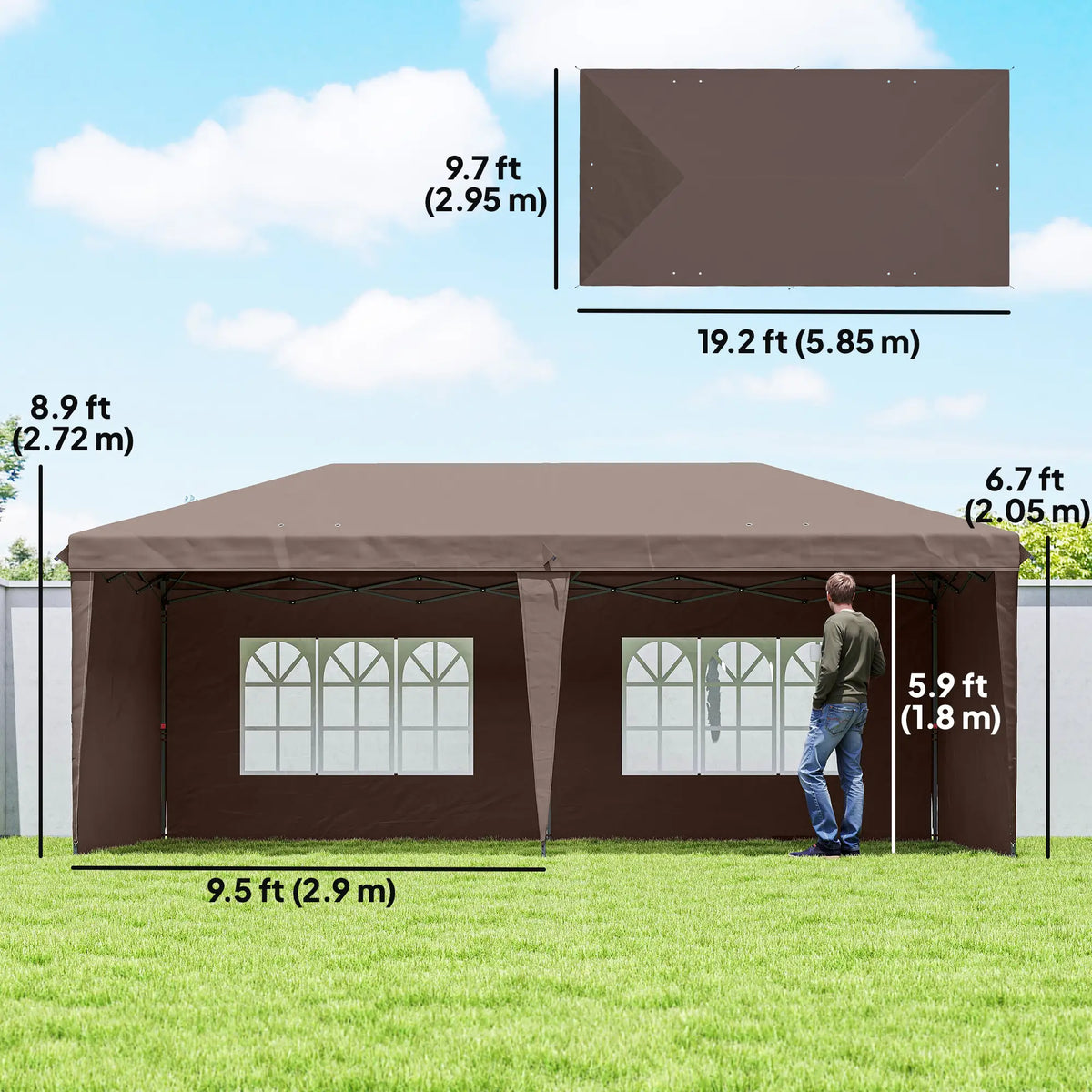 Tente pliante d'extérieur 3 x 6 m avec sac de transport, couleur café