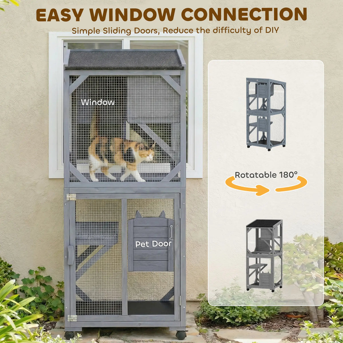 Enclos extérieur mobile pour chats avec niche de repos, 3 plateformes de saut et toit en asphalte étanche pour une utilisation intérieure et extérieure.