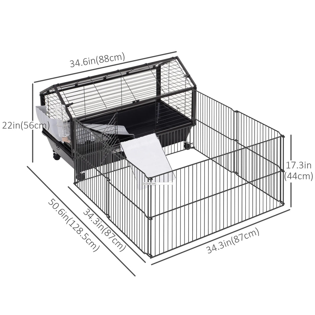 Cage pour cobayes avec parc pliable et amovible, cage à roulettes pour lapins, chinchillas, hérissons et lapins, habitat pour petits animaux avec biberon et mangeoire à foin, 87,6 cm x 128,3 cm x 55,9 cm