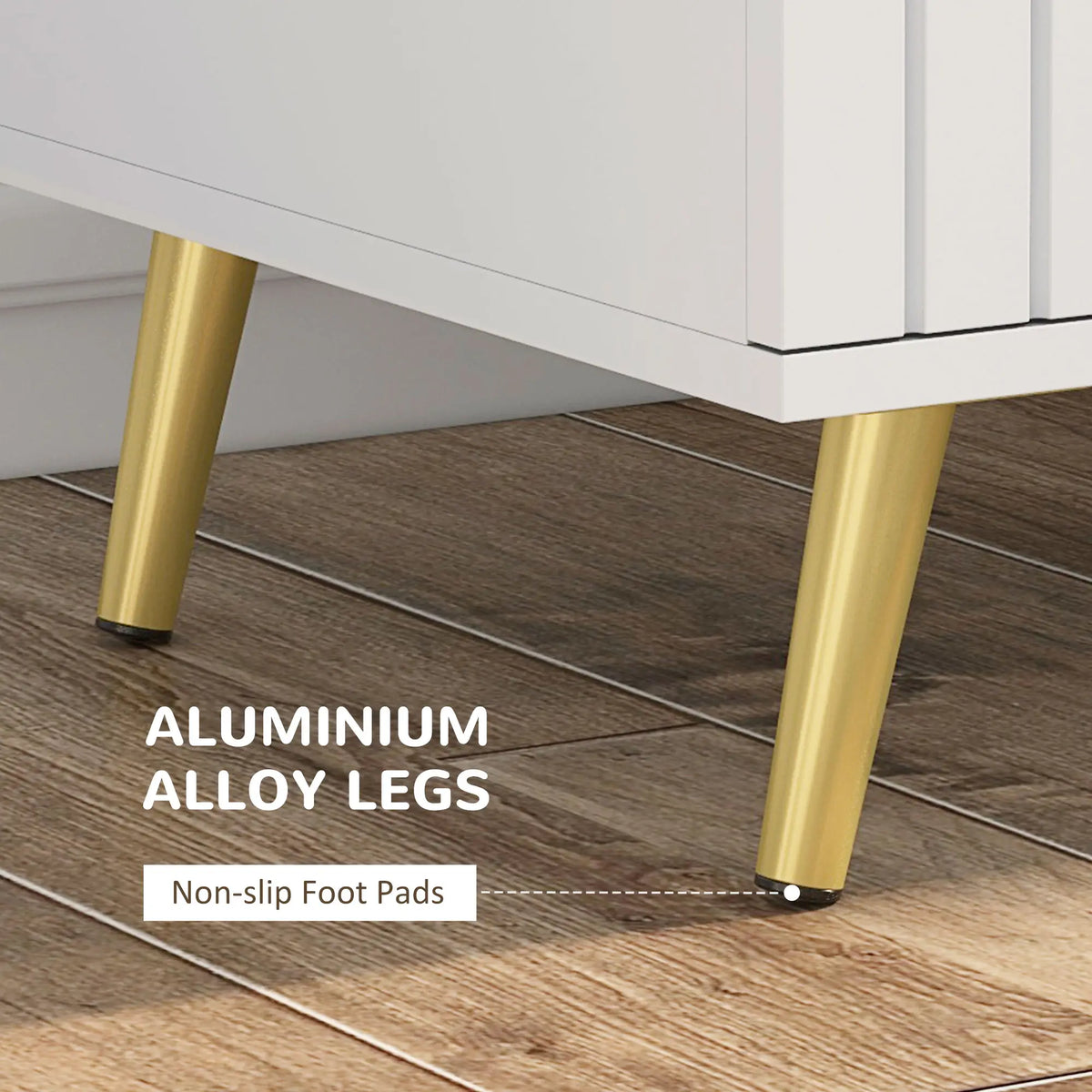 Commode à 4 tiroirs, idéale pour la chambre à coucher, avec pieds en aluminium et poignées dorées, blanche.
