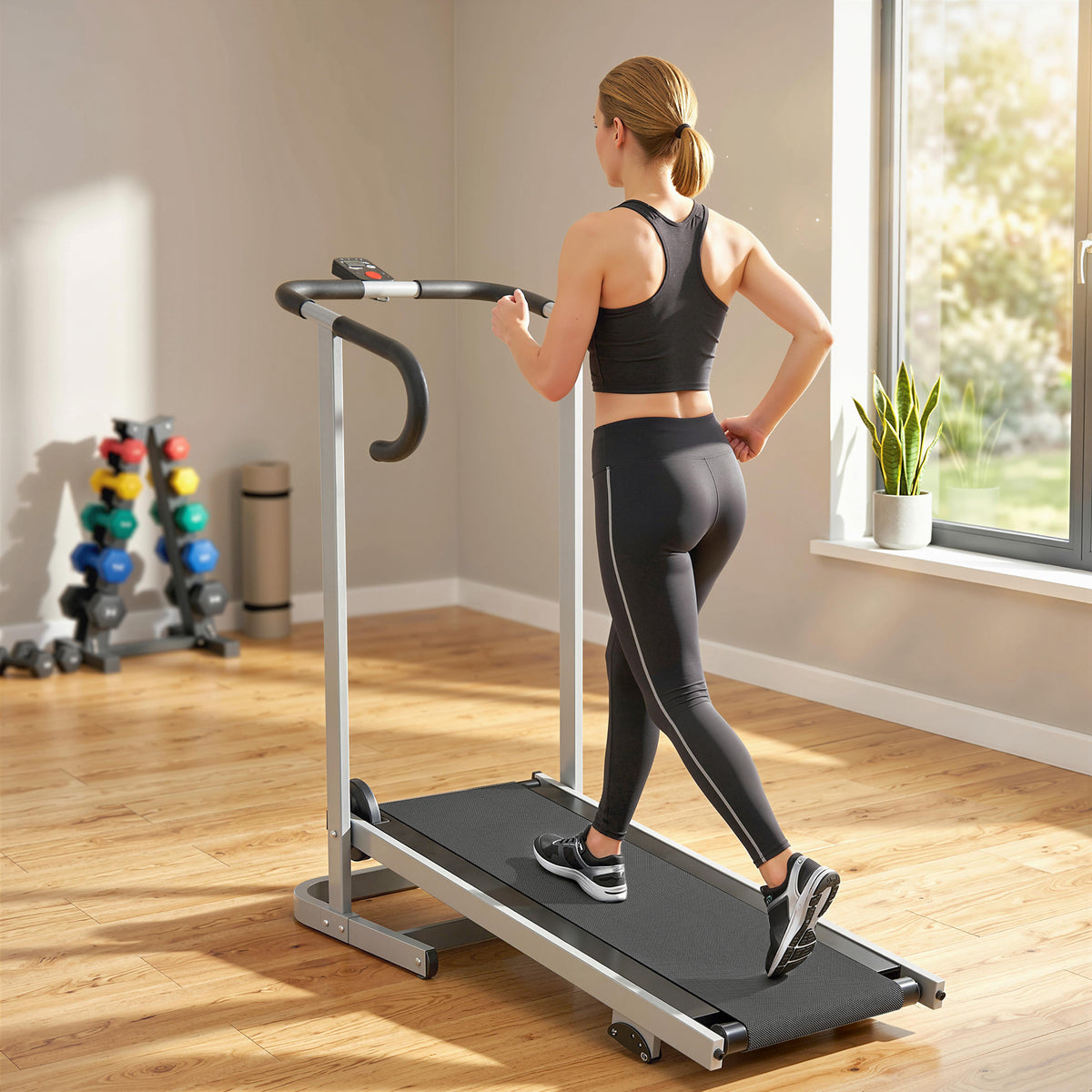 Tapis de marche avec inclinaison de 16,5 %, pliable, avec écran LCD et barre de maintien pour la maison, non électrique