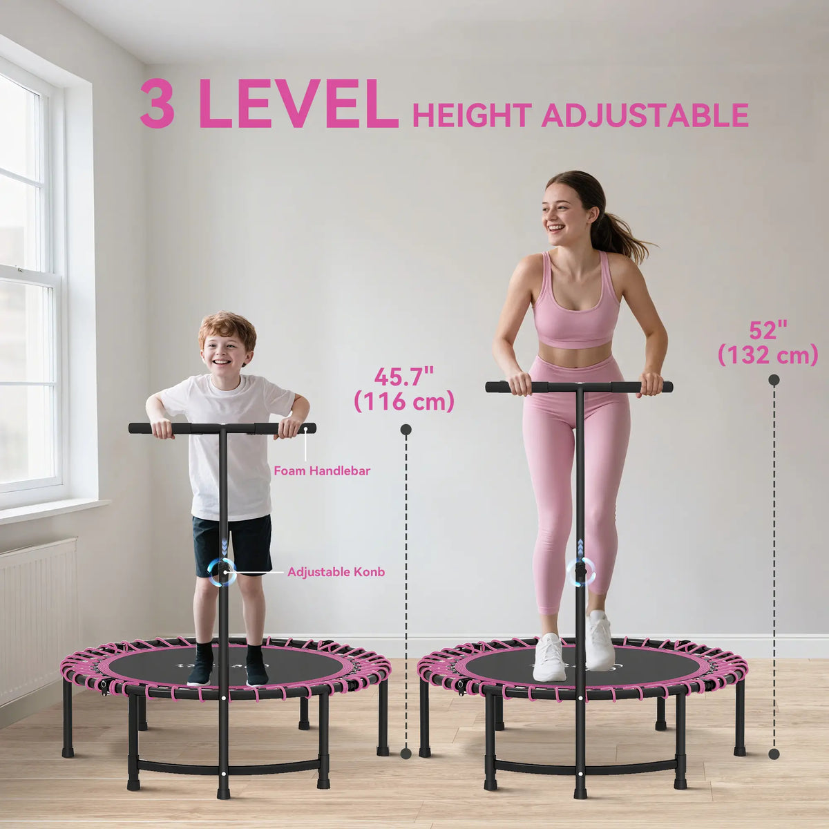 Mini trampoline 45" pour adultes, pliable et avec poignée réglable.