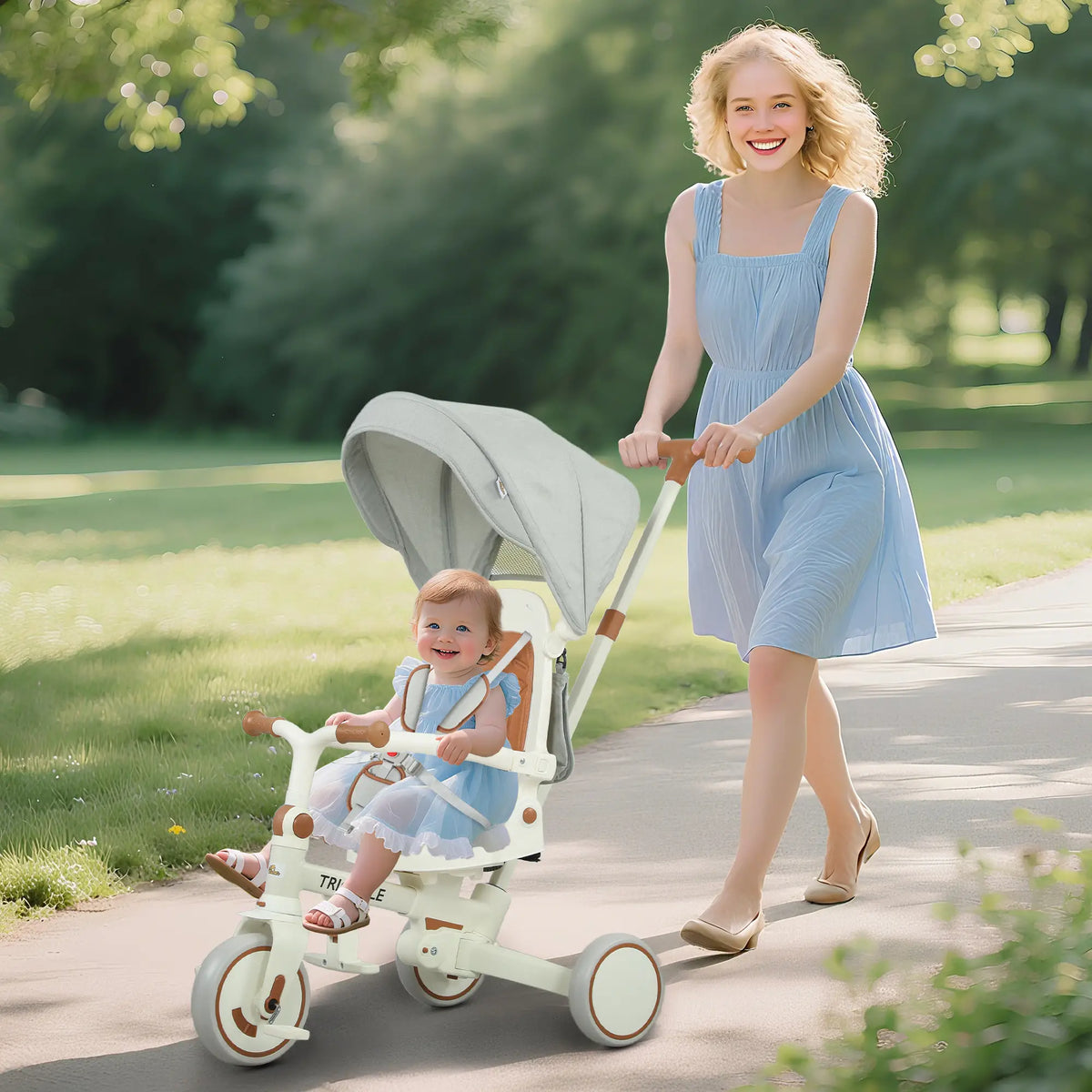 Tricycle 7 en 1 pour tout-petits avec harnais de sécurité, poignée parentale réglable et amovible, capote, sac de rangement et frein, blanc crème