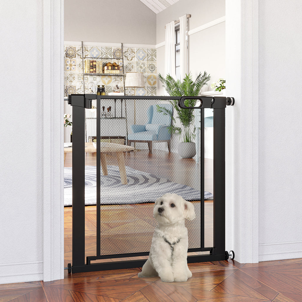 Barrière pour animaux de compagnie en métal, 75-82 cm, avec porte à fermeture automatique et double verrouillage. Idéale pour les portes, les escaliers et les couloirs. Usage intérieur/extérieur. Couleur : noir.