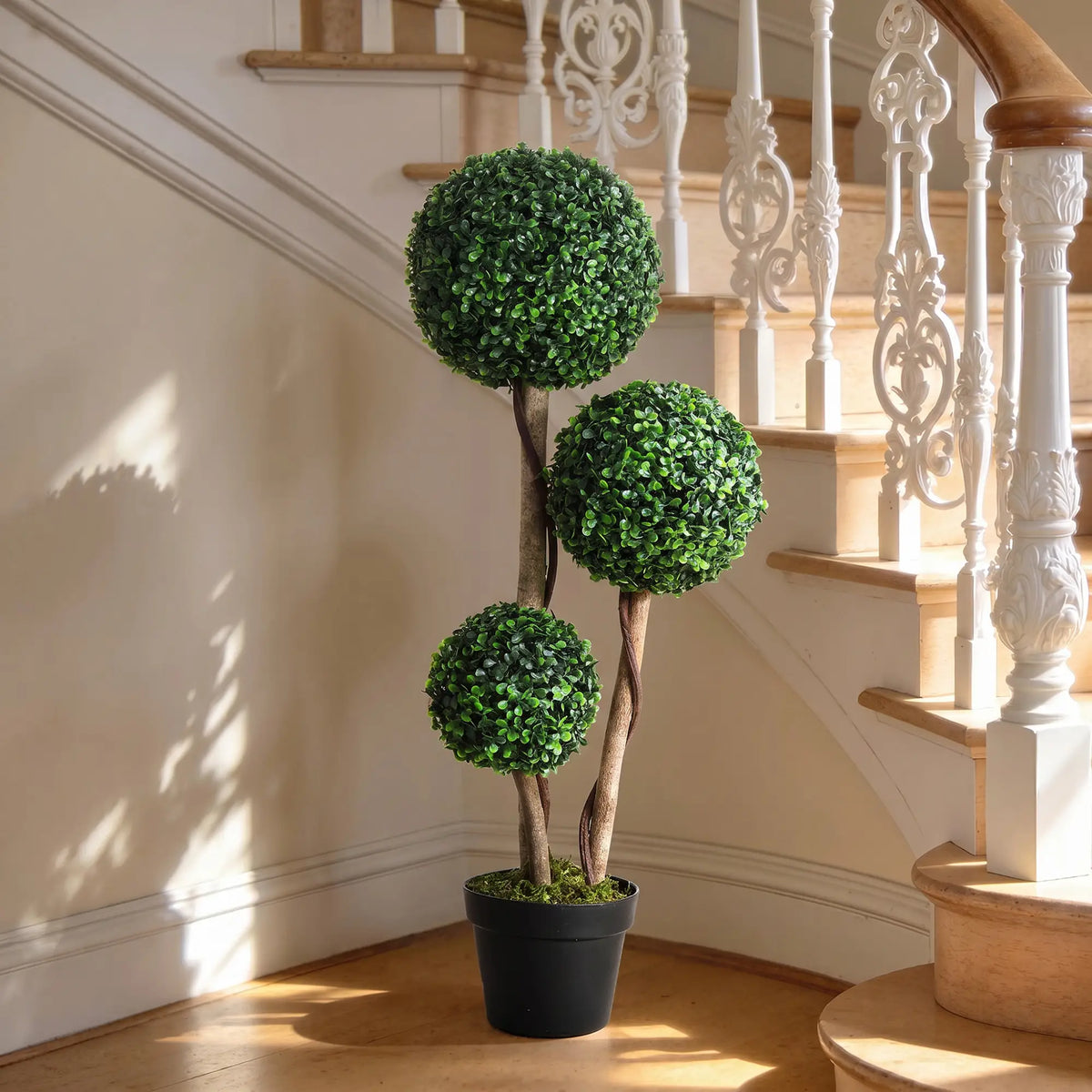 Plante artificielle en pot de 89 cm (35 pouces), buis artificiel topiaire, arbre à trois boules pour intérieur et extérieur, vert foncé