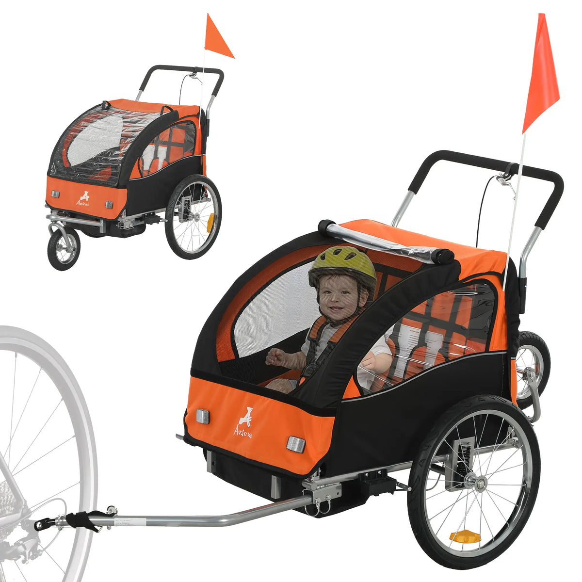 Remorque vélo 2 en 1 pour enfants, poussette pliable 2 places avec harnais 5 points, roues en caoutchouc, sac de rangement, orange