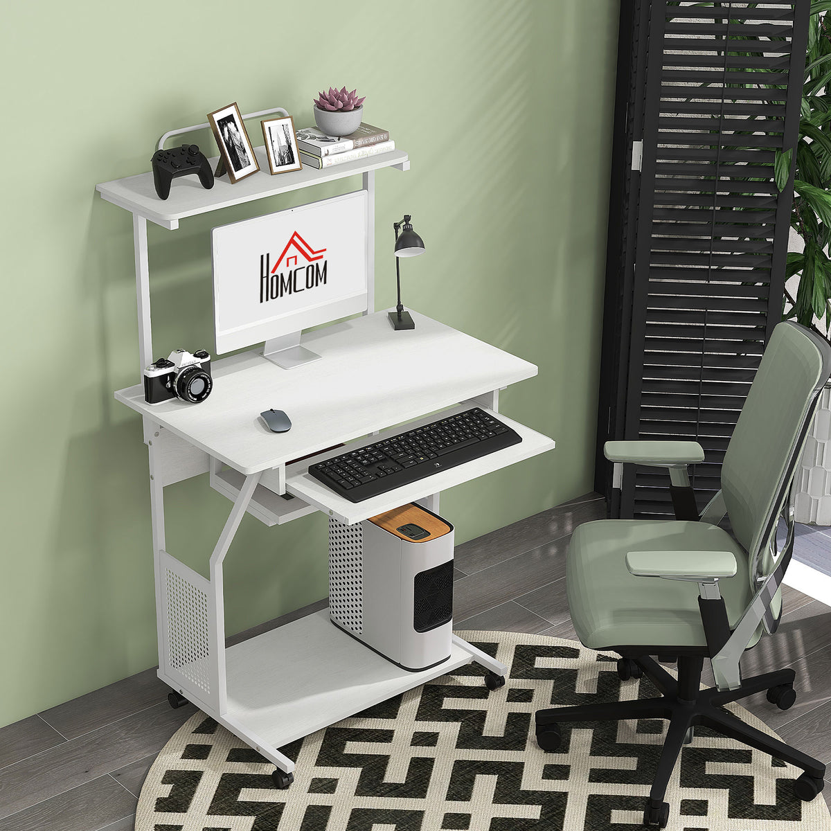 Table d'ordinateur mobile 32", bureau à roulettes pour bureau à domicile avec plateau pour clavier, étagères de rangement, roulettes, blanche