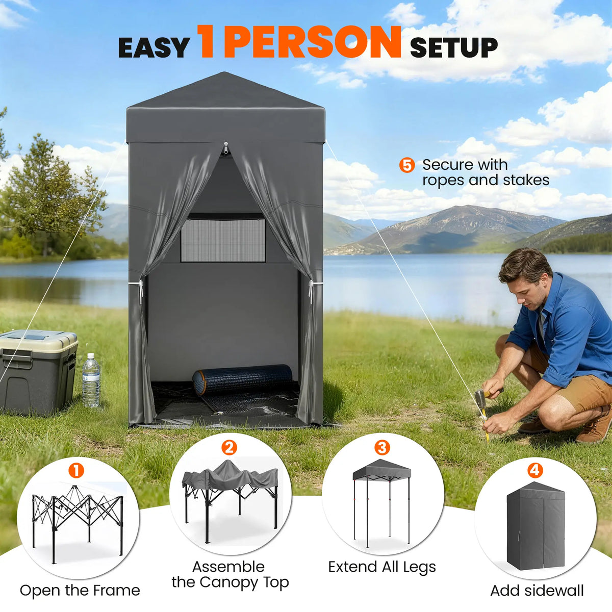 Tente pliante compacte 120 x 120 cm, cabine d'essayage UPF 50+, abri instantané et portable avec fenêtre en filet, gris foncé