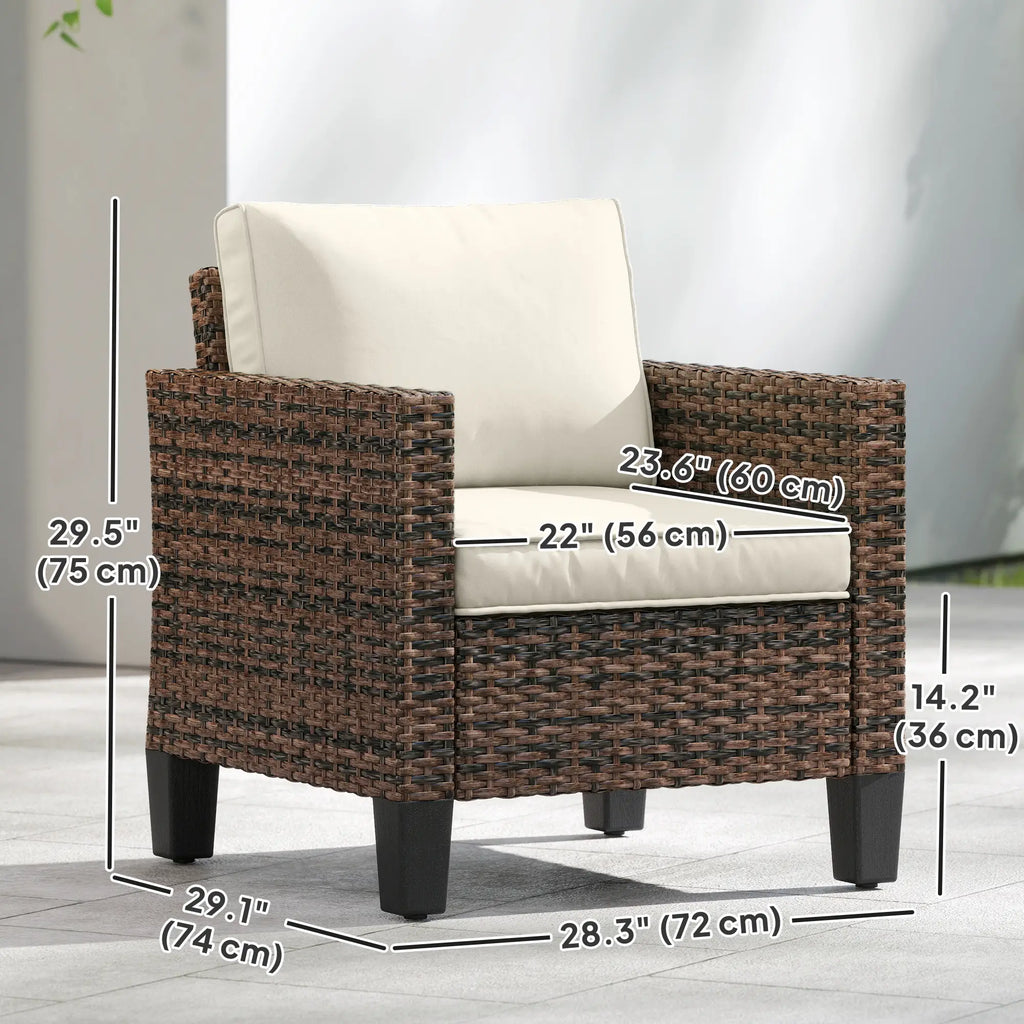 Fauteuil de jardin en résine tressée, avec accoudoirs et coussins, pour balcon, véranda ou terrasse, couleur blanc crème.