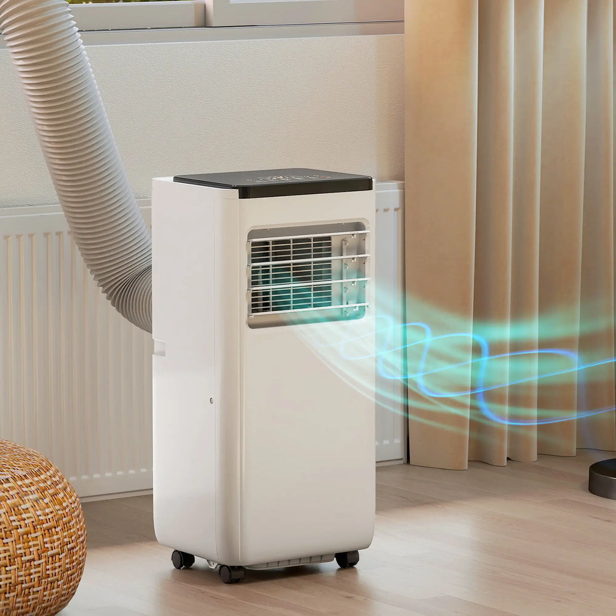 Climatiseur portable 4 en 1 10 000 BTU avec fonctions refroidissement, déshumidification, ventilation, mode sommeil, télécommande vocale Wi-Fi, blanc
