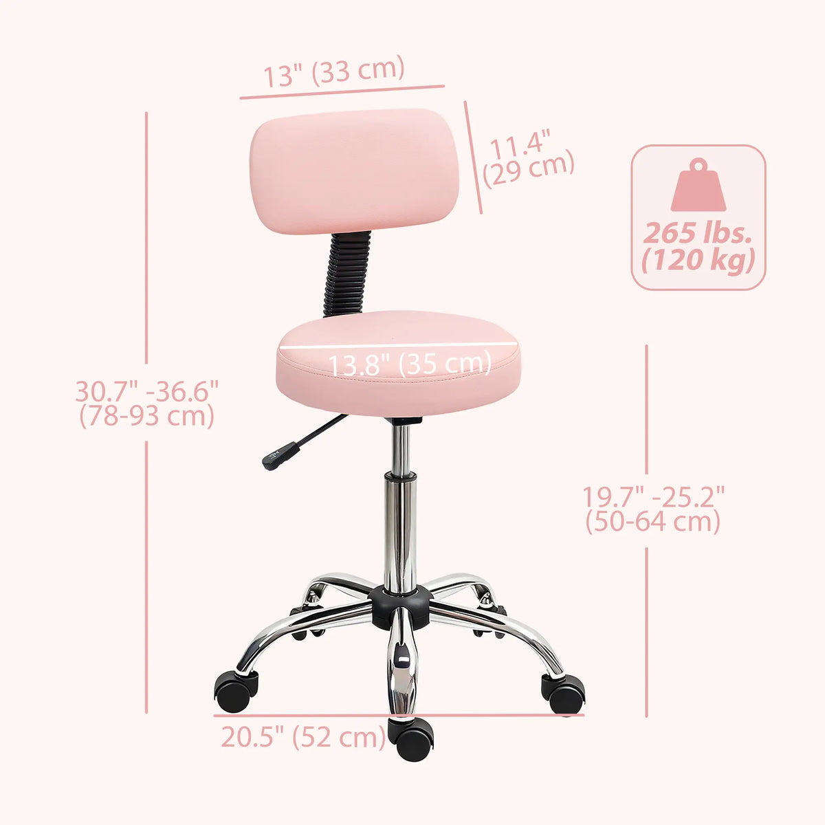Tabouret roulant réglable avec dossier amovible, tabouret pivotant en similicuir pour salon de beauté, spa, bar, massage, rose