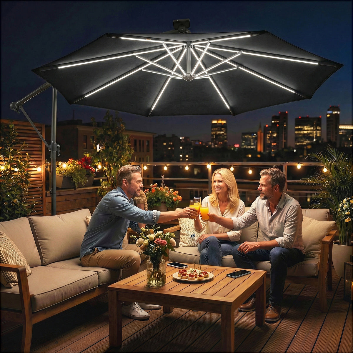 Parasol déporté de 3 m avec éclairage solaire, parasol suspendu de jardin avec rotation à 360°, inclinaison et housse de protection, noir