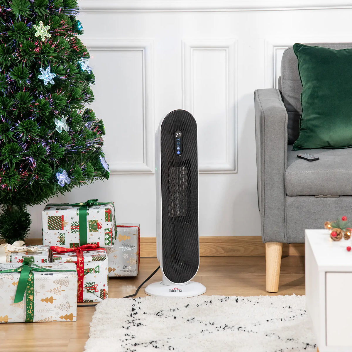 Chauffage d'appoint céramique , radiateur tour d'intérieur avec oscillation à 45°, télécommande, minuterie 24 h, protection anti-basculement et contre la surchauffe, 1500 W/1000 W