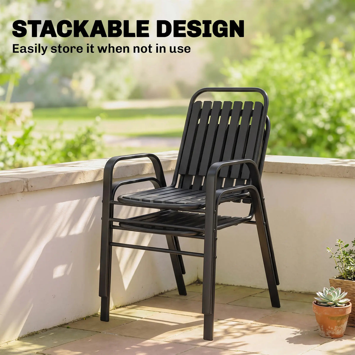 Ensemble de 2 chaises de jardin empilables, pour terrasse, balcon, patio, jardin, noires
