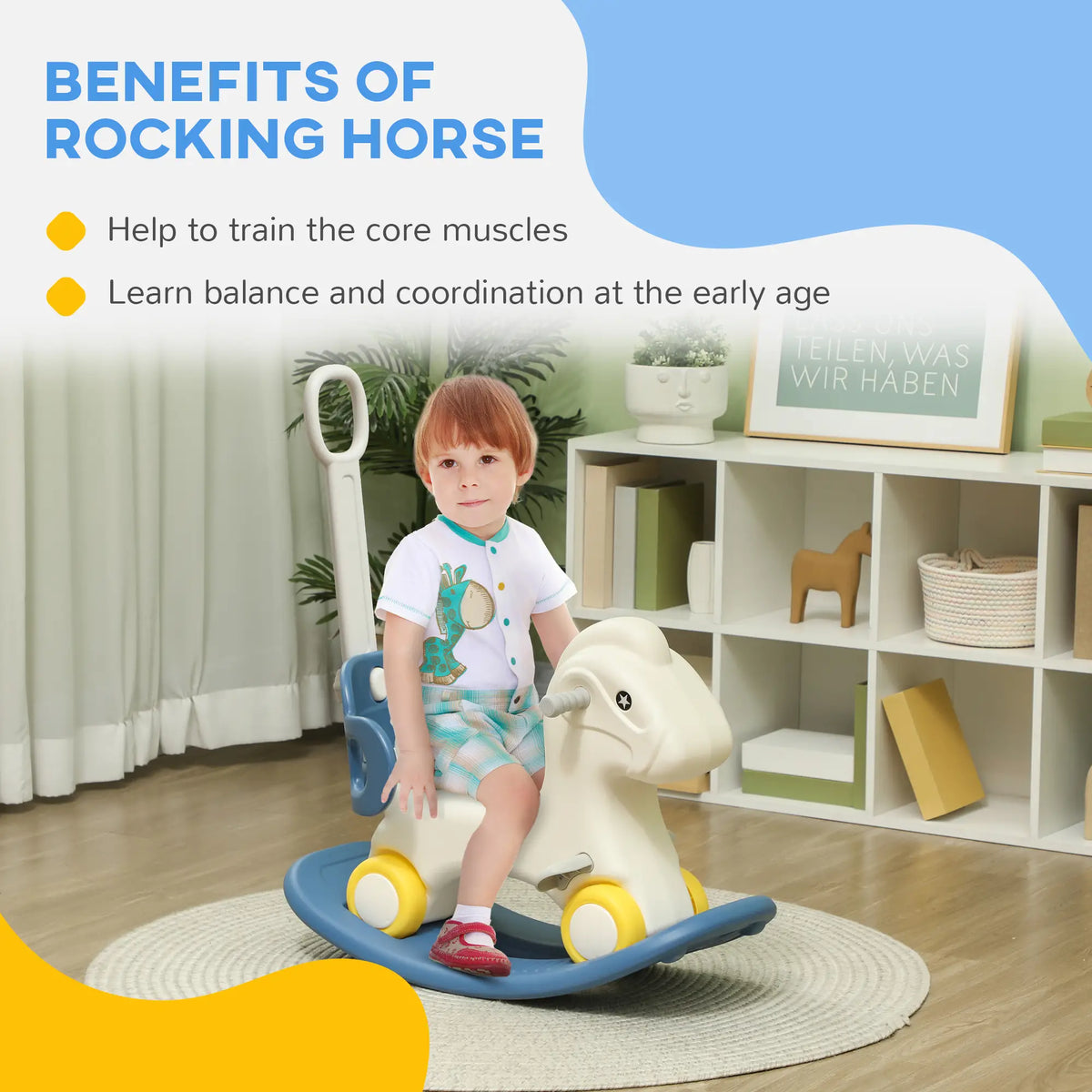 Cheval à bascule 4 en 1 pour enfants avec planche d'équilibre amovible et poignée de poussée, bleu