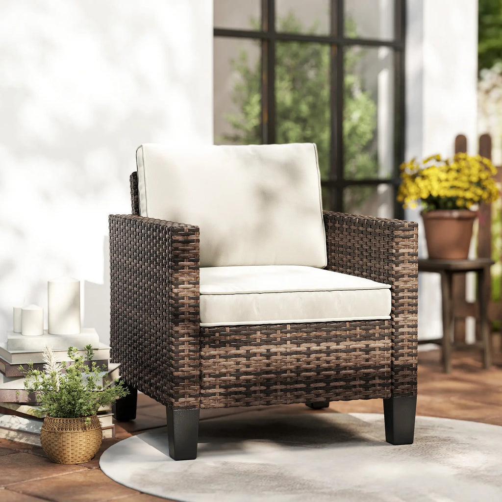 Fauteuil de jardin en résine tressée, avec accoudoirs et coussins, pour balcon, véranda ou terrasse, couleur blanc crème.