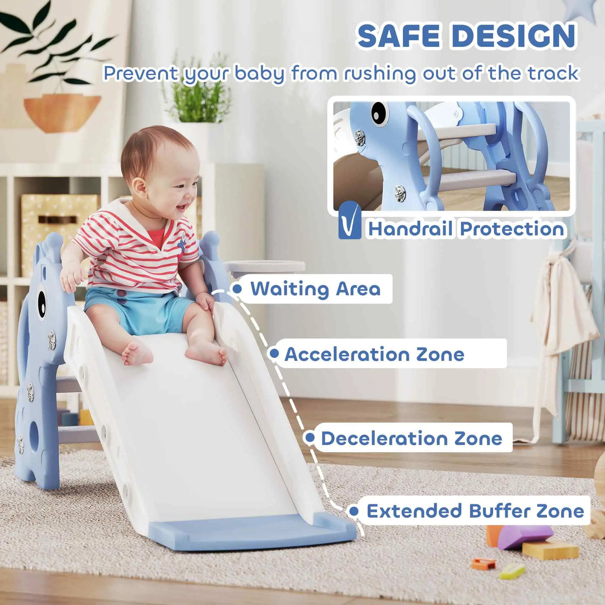 Toboggan 3 en 1 pour enfants de 1 à 3 ans, avec structure d'escalade, panier de basket et ballon, motif girafe, bleu