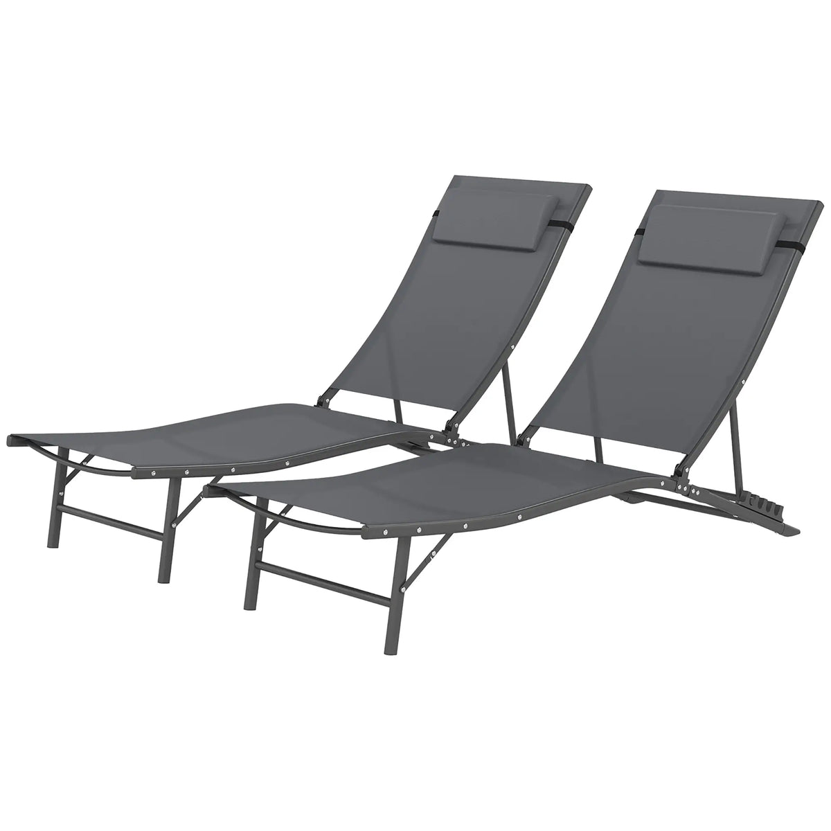 Ensemble de 2 chaises longues pliantes d'extérieur avec dossier et appui-tête réglables, assise en maille, pour la plage et la piscine, gris