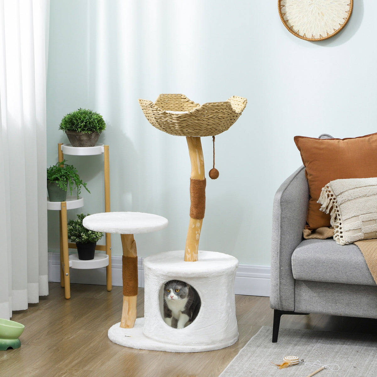 Arbre à chat 40" en bois véritable, tour pour chats adultes d'intérieur de grande taille avec poteaux à griffer, niche, perchoir et coussin lavable.