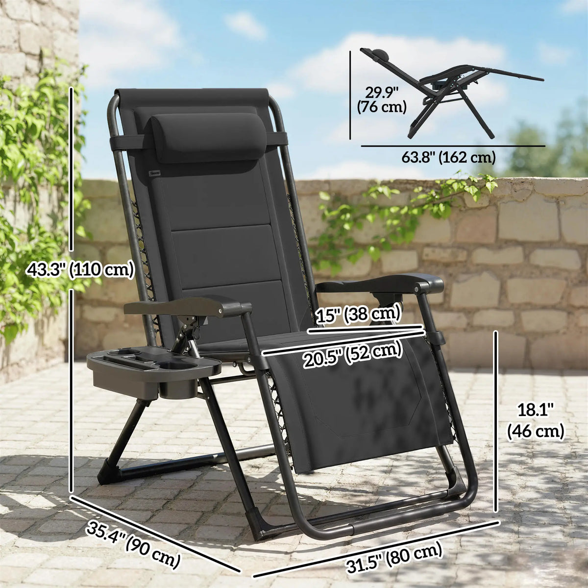 Fauteuil inclinable zéro gravité avec porte-gobelet, capacité de 181 kg, noir