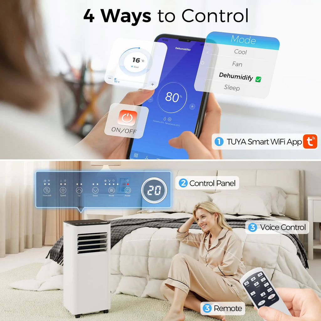 Climatiseur portable 8000 BTU, avec déshumidificateur, ventilateur et télécommande vocale Wi-Fi, pour des pièces jusqu'à 344 pi²