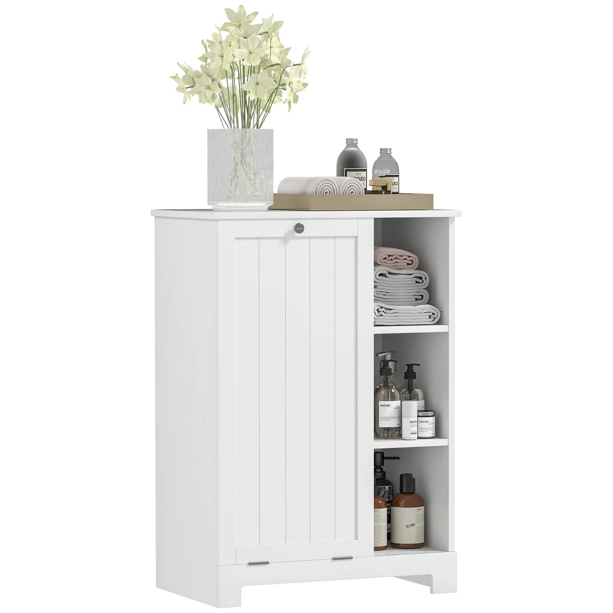 Meuble à linge avec panier amovible, panier à linge basculant avec étagère réglable et compartiments ouverts, blanc