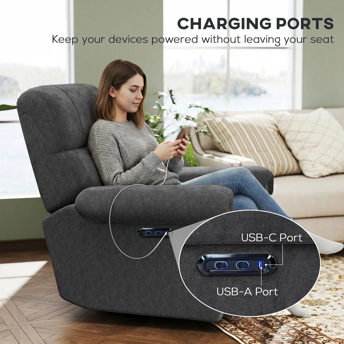 Fauteuil inclinable électrique, revêtement en tissu, ports USB, fonction pivotante et à bascule, repose-pieds, gris foncé