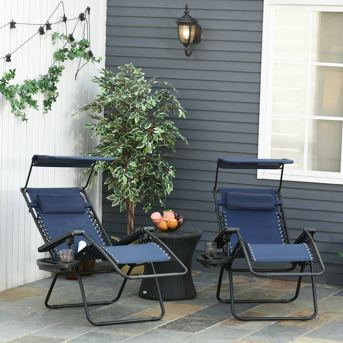 Ensemble de 2 chaises longues Zero Gravity avec auvent, chaise longue pliante d'extérieur avec tablette latérale, porte-gobelet, assise inclinable en maille respirante et coussin, bleu