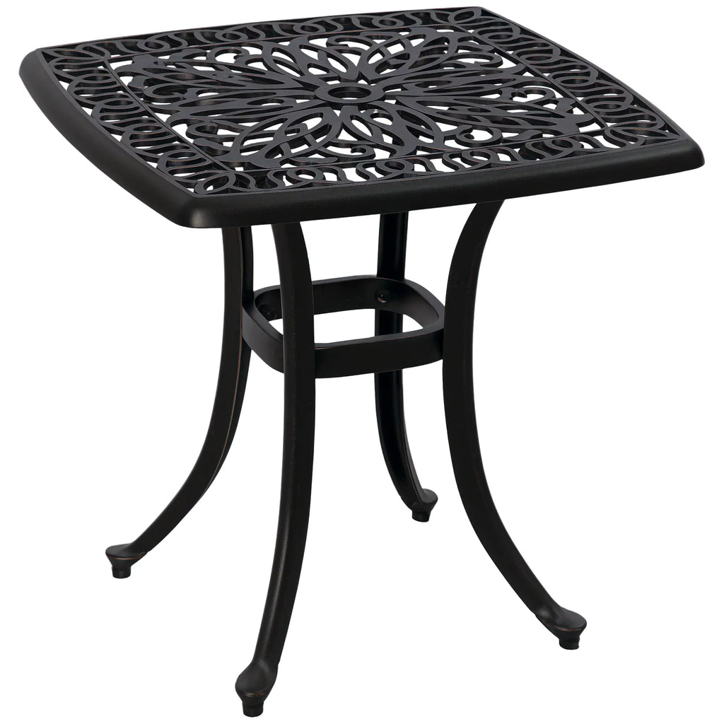 Table d'appoint carrée d'extérieur 53 cm (21 po), table de patio en aluminium moulé avec trou pour parasol, idéale pour le jardin, le balcon ou la piscine, couleur bronze.