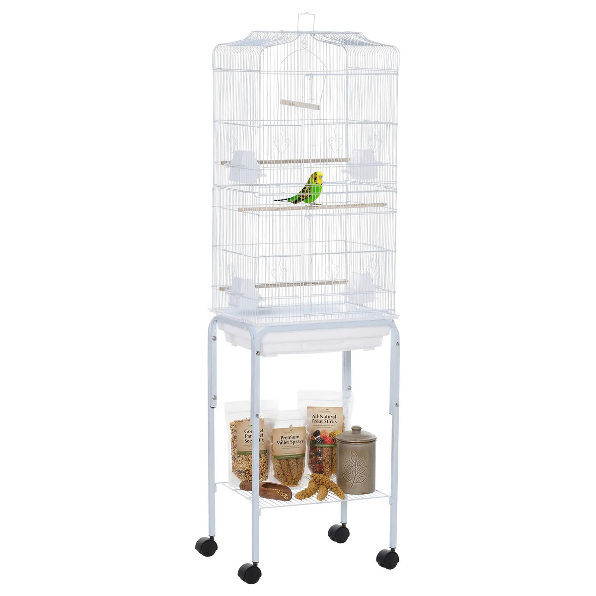 Cage à oiseaux roulante 62" avec étagère de rangement et roulettes - Blanche