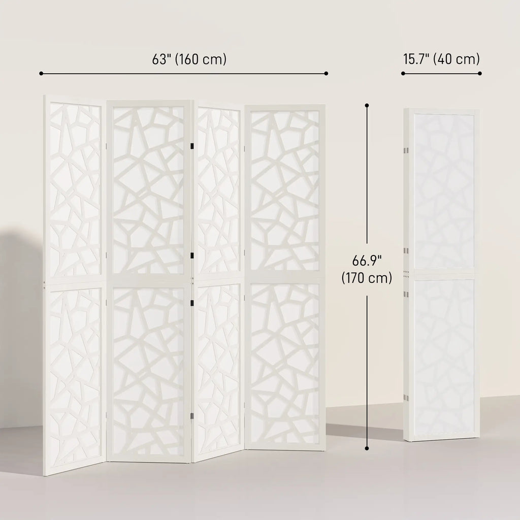 Paravent à 4 panneaux, 1,70 m, pliable et léger, motif géométrique, blanc, idéal pour le salon et la chambre.