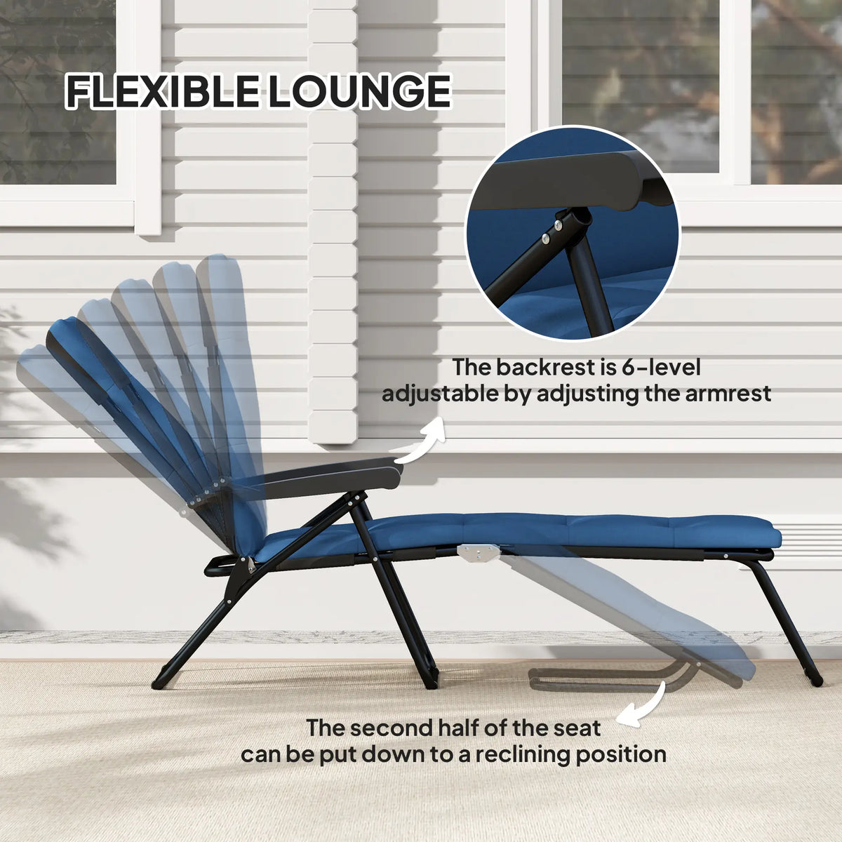 Chaise longue pliable, inclinable, pour terrasse, avec dossier réglable 6 positions, bleue
