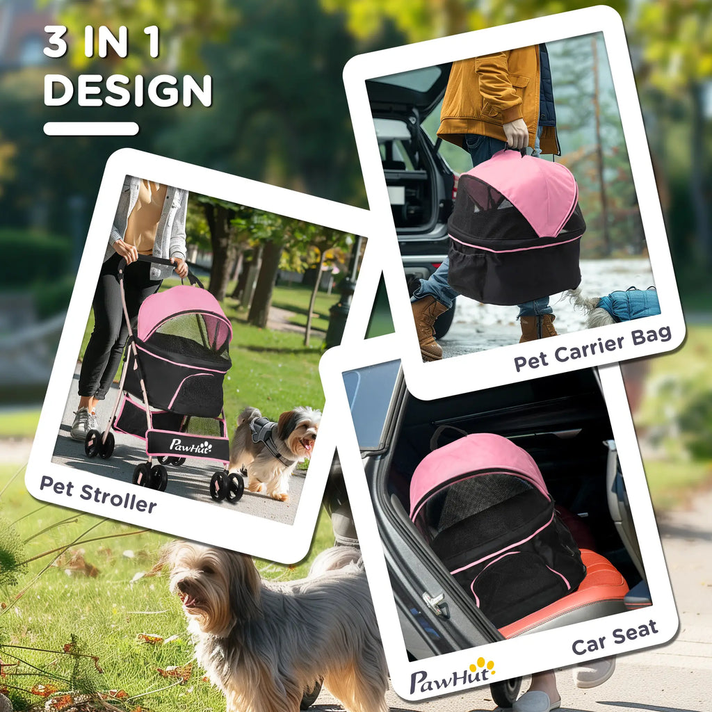 Poussette pour animaux de compagnie à 4 roues, 3 en 1, pliable et idéale pour les petits chiens. Elle est équipée d'un frein, d'une capote, d'un panier et d'un sac de rangement. Couleur : rose.
