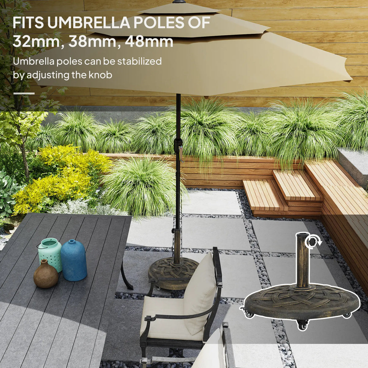 Pied de parasol rond  avec roulettes, support de parasol en résine de 20 kg, compatible avec les mâts de parasol de 3,3 cm, 3,8 cm et 4,8 cm, couleur bronze.