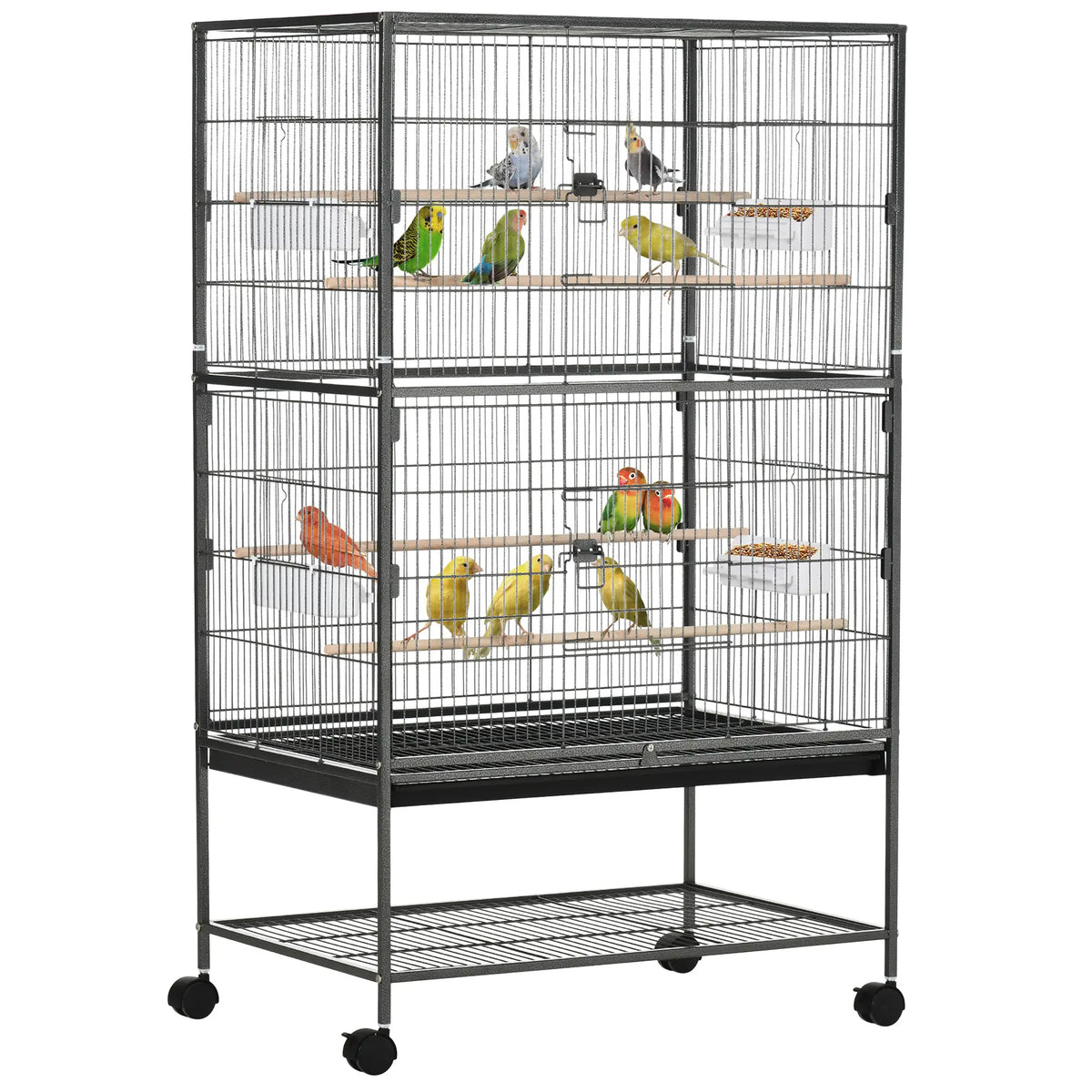 Cage à oiseaux roulante 52'' en acier avec support à roulettes, étagère de rangement, perchoir en bois et mangeoire, gris foncé