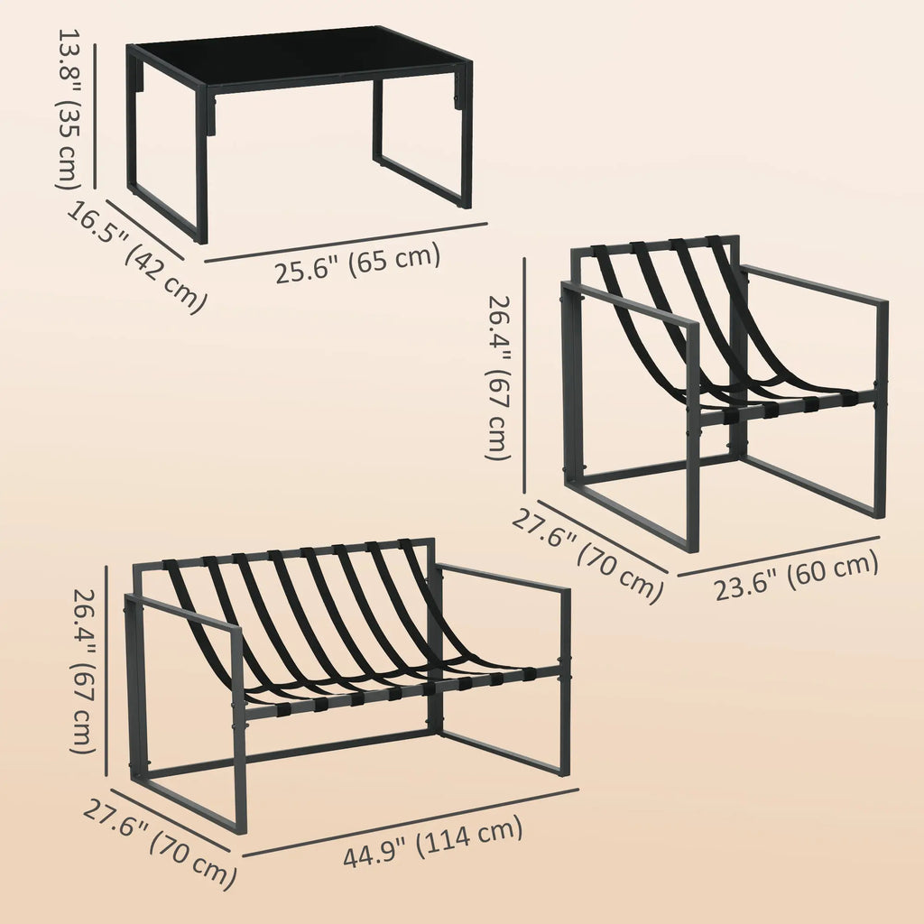 Ensemble de mobilier de jardin 4 pièces, salon de jardin avec table en verre trempé, causeuse, 2 chaises et coussins, beige