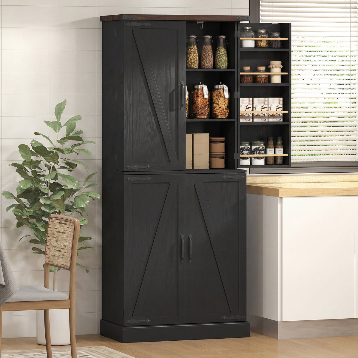 Armoire de cuisine de 183 cm de haut, style ferme, avec 8 portes et étagères réglables, noire