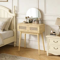 Coiffeuse avec miroir et 2 tiroirs, bois naturel