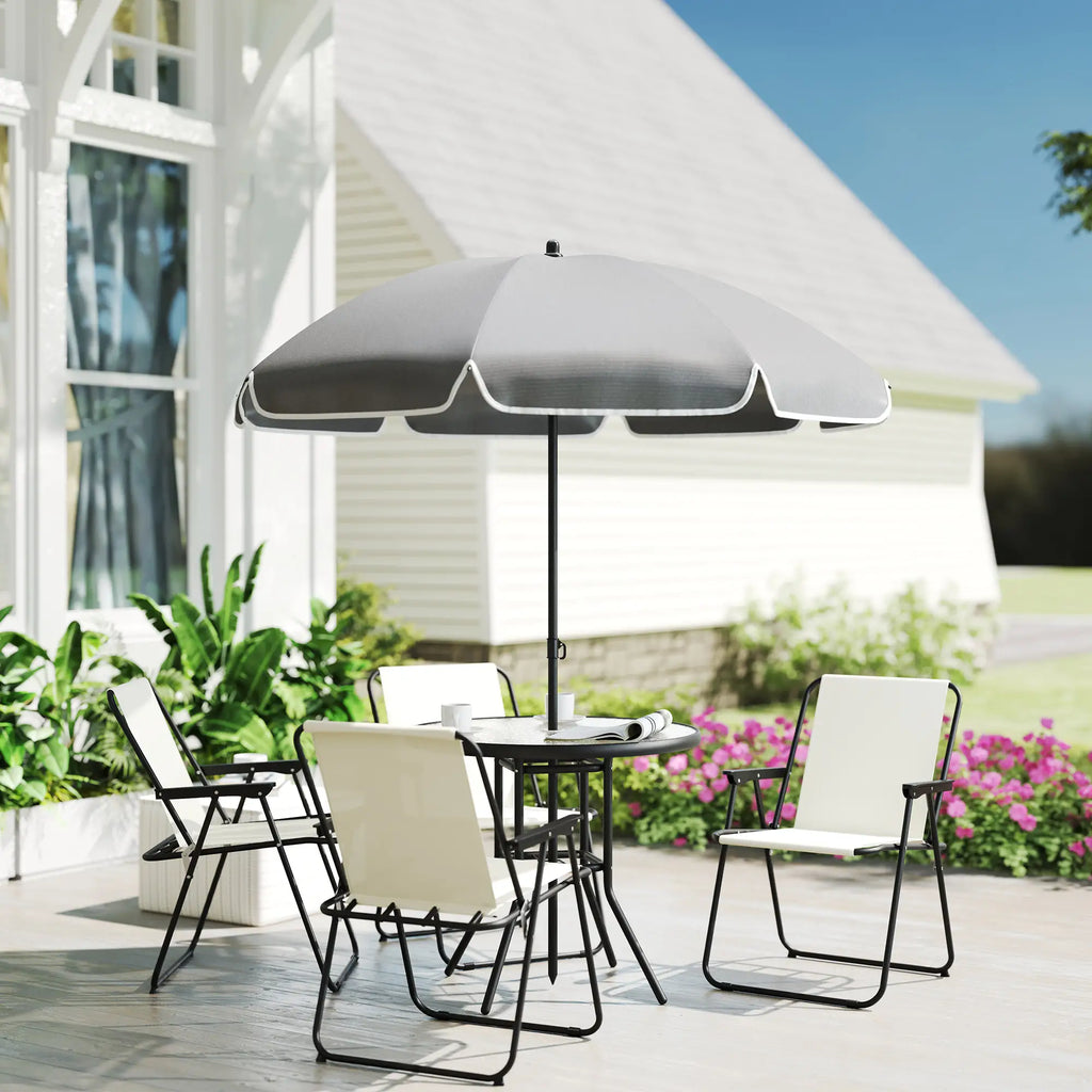 Ensemble de salle à manger de patio 6 pièces avec parasol, chaises pliantes et table en verre pour jardin ou terrasse, blanc crème
