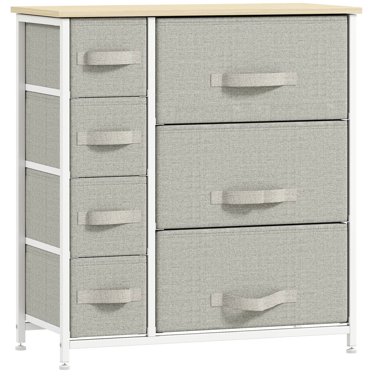 Commode à 7 tiroirs, structure en métal, revêtement en tissu, gris clair, idéale pour le salon.