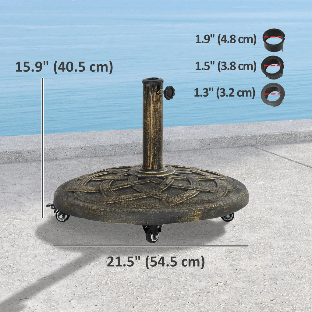 Pied de parasol rond  avec roulettes, support de parasol en résine de 20 kg, compatible avec les mâts de parasol de 3,3 cm, 3,8 cm et 4,8 cm, couleur bronze.