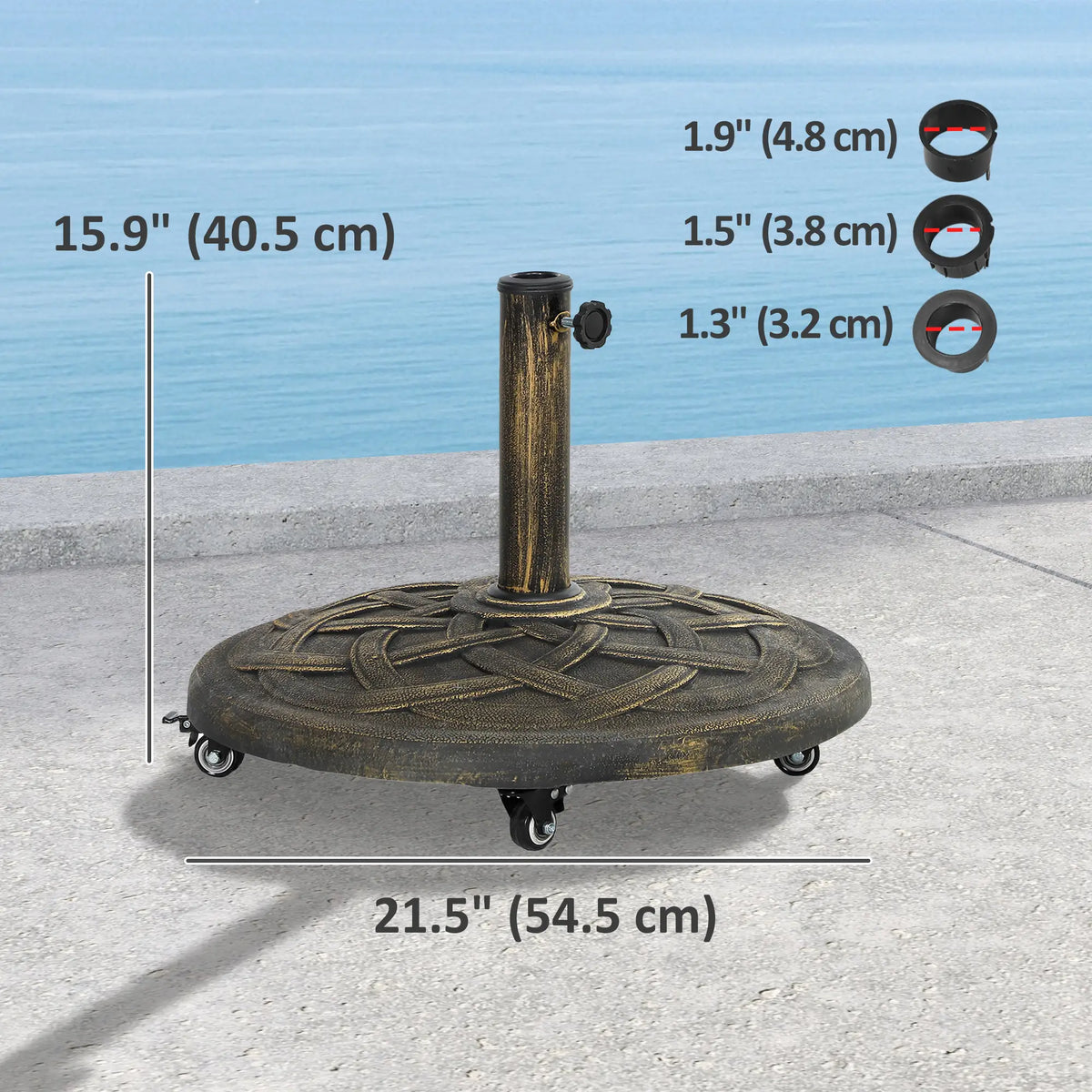Pied de parasol rond  avec roulettes, support de parasol en résine de 20 kg, compatible avec les mâts de parasol de 3,3 cm, 3,8 cm et 4,8 cm, couleur bronze.