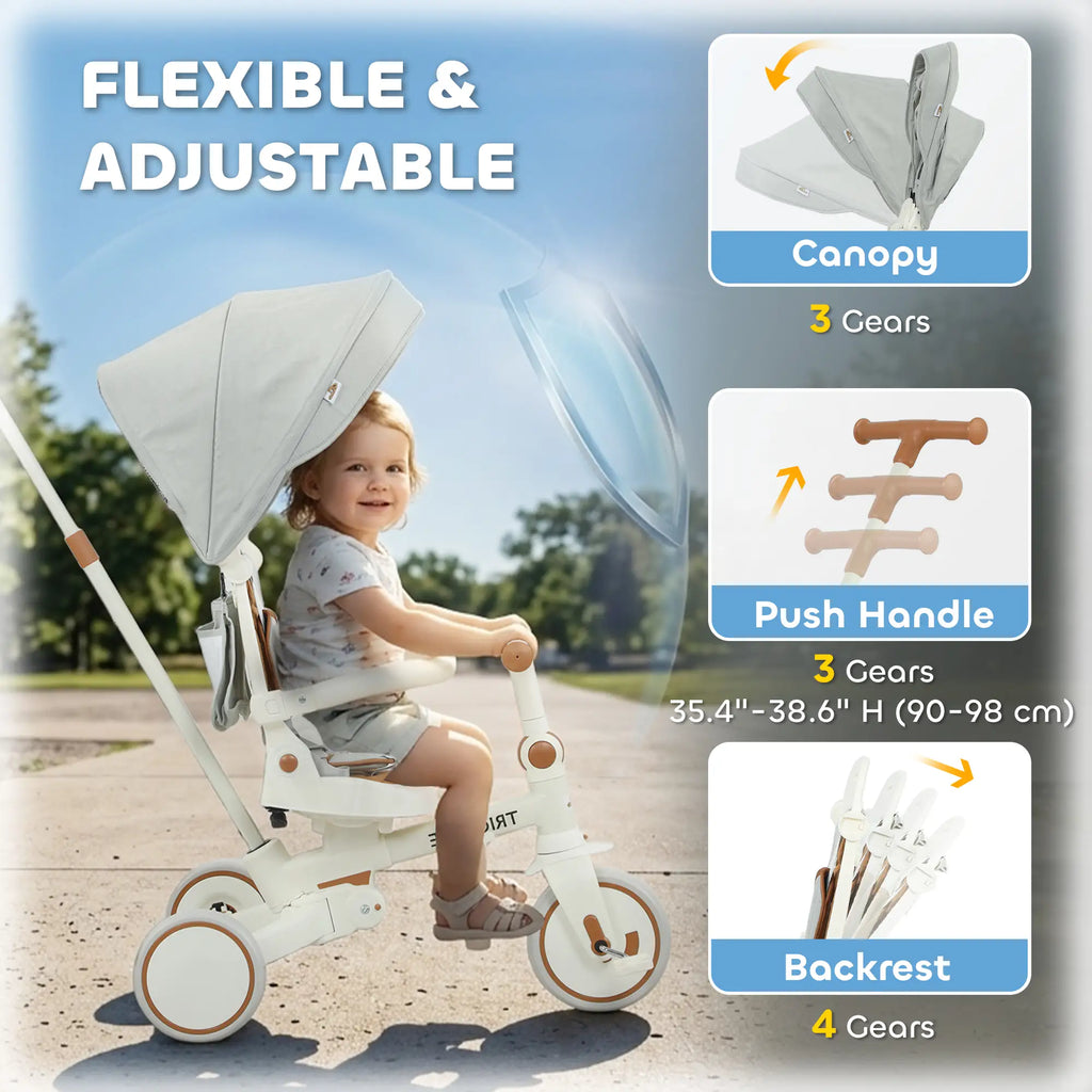 Tricycle 7 en 1 pour tout-petits avec harnais de sécurité, poignée parentale réglable et amovible, capote, sac de rangement et frein, blanc crème