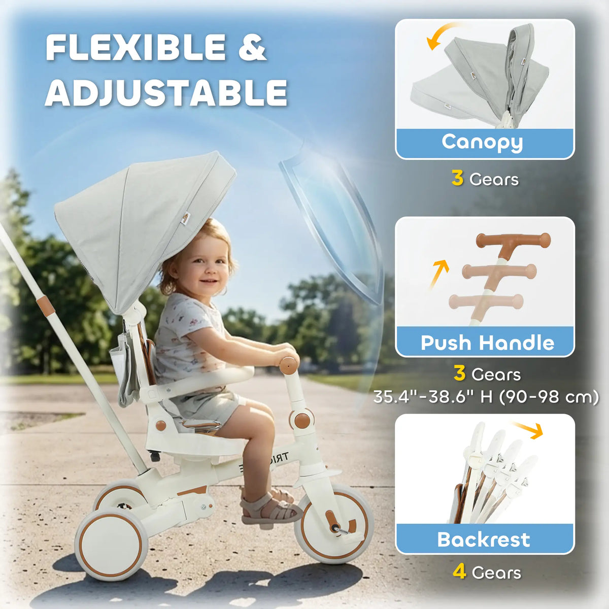 Tricycle 7 en 1 pour tout-petits avec harnais de sécurité, poignée parentale réglable et amovible, capote, sac de rangement et frein, blanc crème